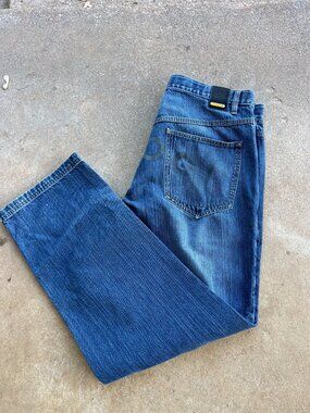 Vintage Coogi Mens W38 Blue Denim Jeans With Logo Print Back Pockets K3